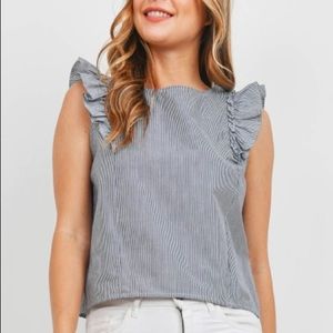 Black & white Pinstripe Sleeveles w/ruffle cap top